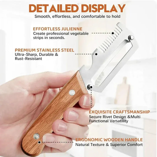 3 in 1 Stainless Steel Vegetable Peeler, Slicer & Shredder – Imported Quality with Wooden Handle